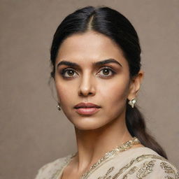 A bold and confident Deepika Padukone standing straight with her determined eyes looking forward.