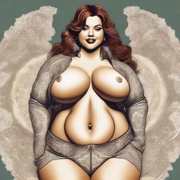 A digital art image depicting a voluptuous Caucasian woman