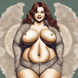 A digital art image depicting a voluptuous Caucasian woman