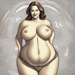 A digital art image depicting a voluptuous Caucasian woman