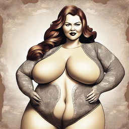 A digital art image depicting a voluptuous Caucasian woman