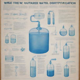 An educational poster detailing various methods of water purification. Include illustrations of filtration, distillation, chlorination and ultraviolet treatment. Use a mix of textual descriptions and visual diagrams for each method, and maintain a clean, easy to understand aesthetic.