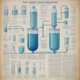 An educational poster detailing various methods of water purification. Include illustrations of filtration, distillation, chlorination and ultraviolet treatment. Use a mix of textual descriptions and visual diagrams for each method, and maintain a clean, easy to understand aesthetic.