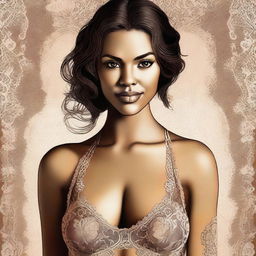 A digital art image showcasing a confident woman, her attire partially revealing a lacy bra