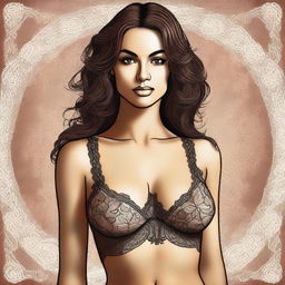 A digital art image showcasing a confident woman, her attire partially revealing a lacy bra