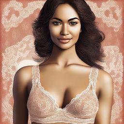 A digital art image showcasing a confident woman, her attire partially revealing a lacy bra