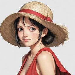 An artistic rendition of the One Piece character, Luffy, reimagined as a female version of the character. She should still maintain Luffy's signature hat and confident demeanor.