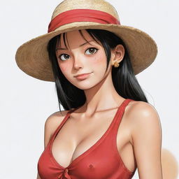 An artistic rendition of the One Piece character, Luffy, reimagined as a female version of the character. She should still maintain Luffy's signature hat and confident demeanor.