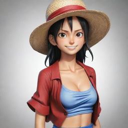 An artistic rendition of the One Piece character, Luffy, reimagined as a female version of the character. She should still maintain Luffy's signature hat and confident demeanor.