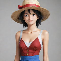 An artistic rendition of the One Piece character, Luffy, reimagined as a female version of the character. She should still maintain Luffy's signature hat and confident demeanor.