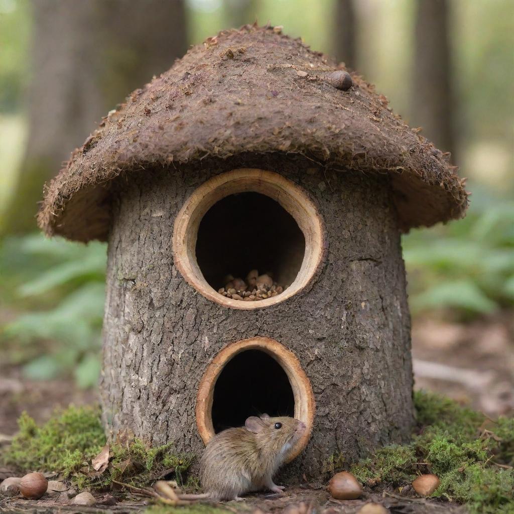 A rustic mouse house with a sudden monumental acorn standing outside