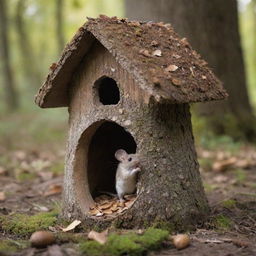 A rustic mouse house with a sudden monumental acorn standing outside