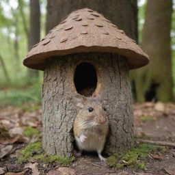 A rustic mouse house with a sudden monumental acorn standing outside