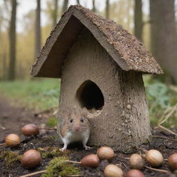 A rustic mouse house with a sudden monumental acorn standing outside