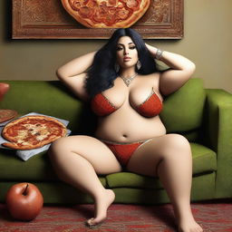 A digitally rendered image showcasing a voluptuous woman, previously a slim belly dancer, now with a fuller figure due to indulging in pizza and a sedentary lifestyle