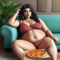 A digitally rendered image showcasing a voluptuous woman, previously a slim belly dancer, now with a fuller figure due to indulging in pizza and a sedentary lifestyle