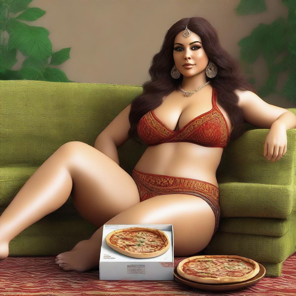 A digitally rendered image showcasing a voluptuous woman, previously a slim belly dancer, now with a fuller figure due to indulging in pizza and a sedentary lifestyle