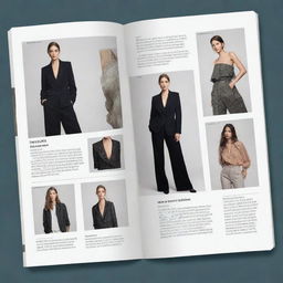 Generate an image of a sophisticated layout of a fashion magazine page filled with refined typography, showcasing a section dedicated to a popular designer with infused design elements like sketches of their clothings, quotes and a bio section.