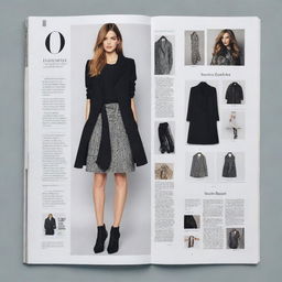 Generate an image of a sophisticated layout of a fashion magazine page filled with refined typography, showcasing a section dedicated to a popular designer with infused design elements like sketches of their clothings, quotes and a bio section.