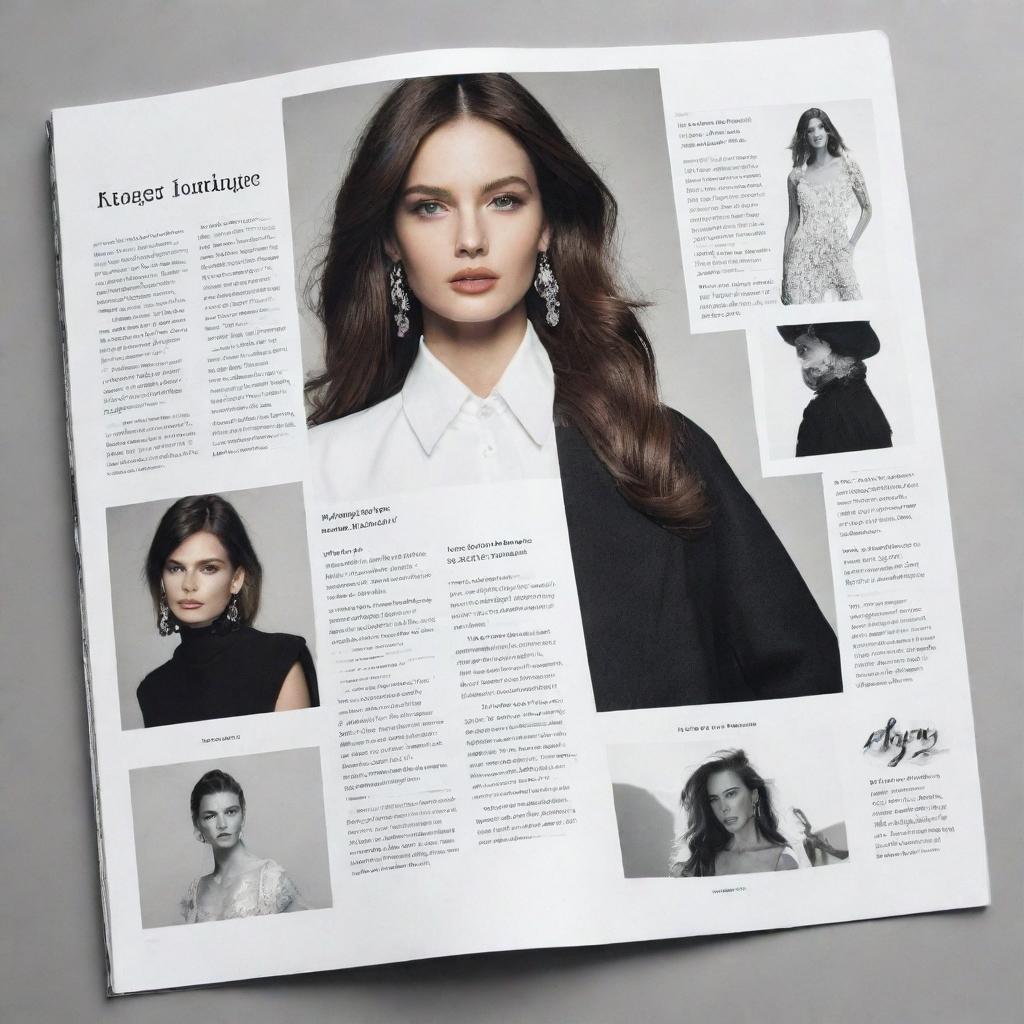 Generate an image of a sophisticated layout of a fashion magazine page filled with refined typography, showcasing a section dedicated to a popular designer with infused design elements like sketches of their clothings, quotes and a bio section.