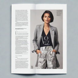 Generate an image of a sophisticated layout of a fashion magazine page filled with refined typography, showcasing a section dedicated to a popular designer with infused design elements like sketches of their clothings, quotes and a bio section.