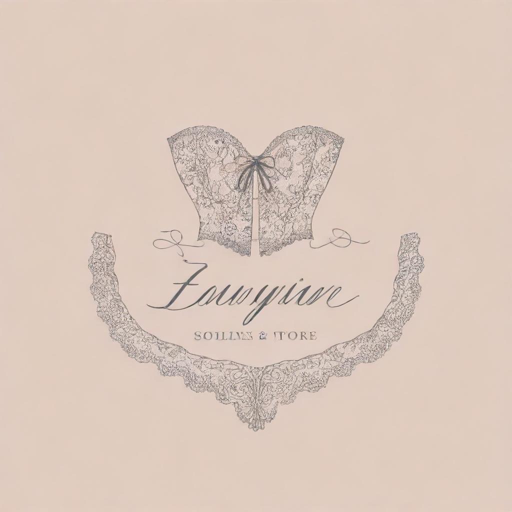 Logo for a lingerie store, featuring elegant cursive lettering and a silhouette of a classic corset against a delicate lace background