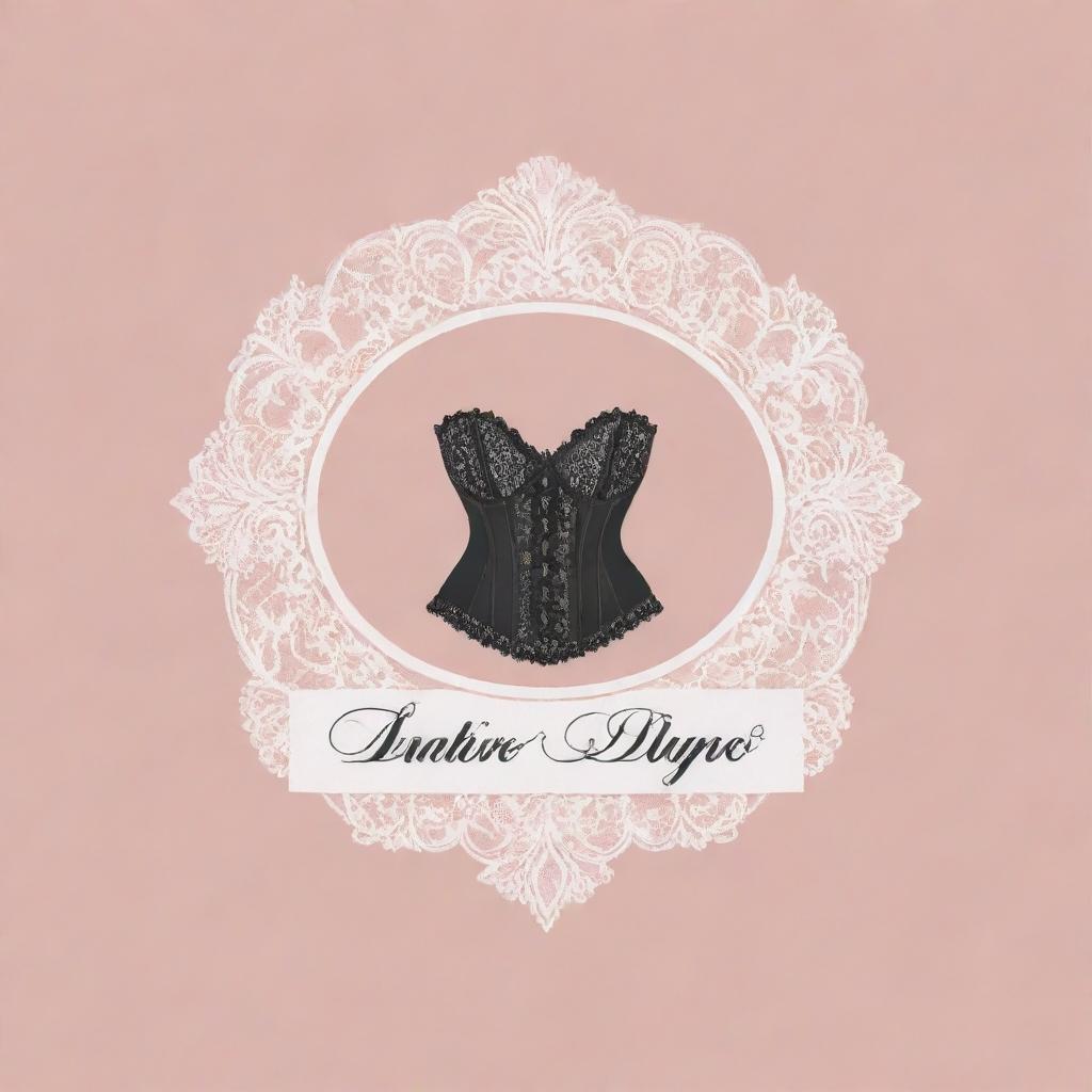 Logo for a lingerie store, featuring elegant cursive lettering and a silhouette of a classic corset against a delicate lace background