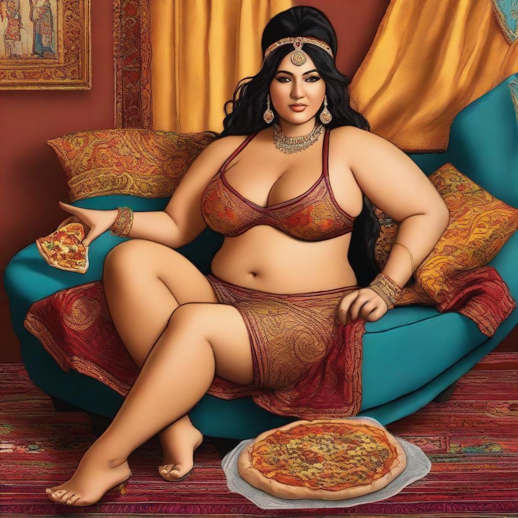 A high-quality digital art piece, showcasing a woman with a fuller figure, lounging comfortably on a couch with a pizza box nearby