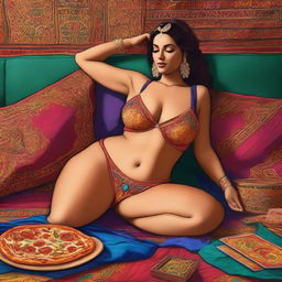 A high-quality digital art piece, showcasing a woman with a fuller figure, lounging comfortably on a couch with a pizza box nearby