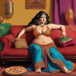 A high-quality digital art piece, showcasing a woman with a fuller figure, lounging comfortably on a couch with a pizza box nearby