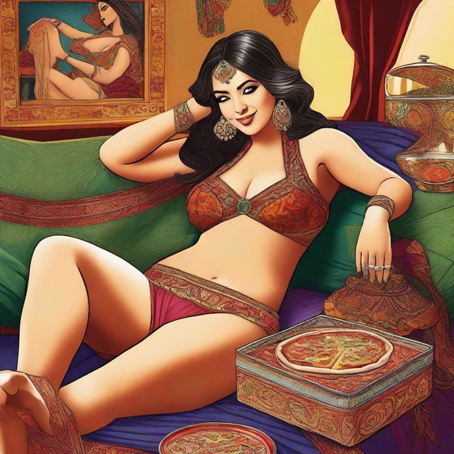 A high-quality digital art piece, showcasing a woman with a fuller figure, lounging comfortably on a couch with a pizza box nearby