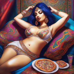 An image of a voluptuous woman, previously a belly dancer, now lounging on a couch with a slice of pizza in her hand