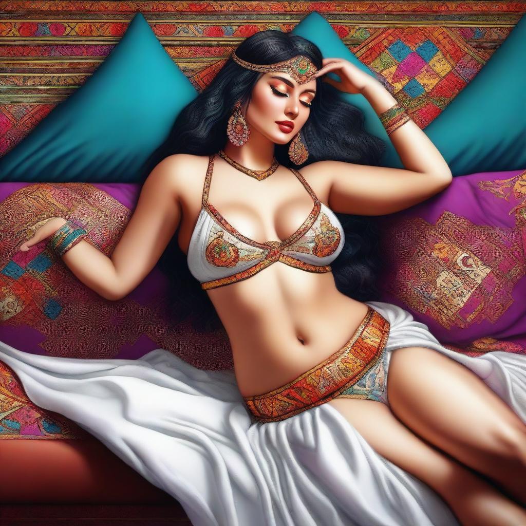 An image of a voluptuous woman, previously a belly dancer, now lounging on a couch with a slice of pizza in her hand