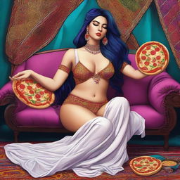 An image of a voluptuous woman, previously a belly dancer, now lounging on a couch with a slice of pizza in her hand