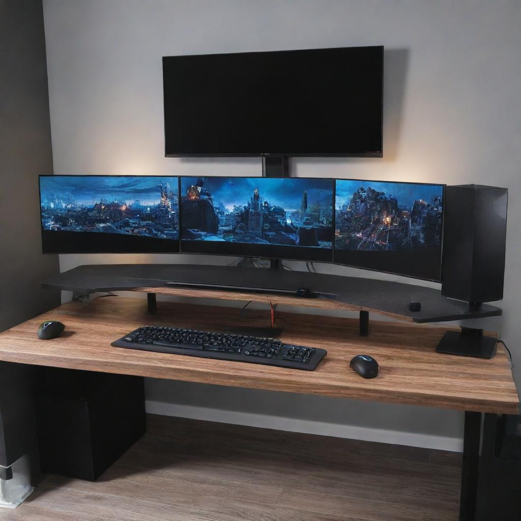 A modern and cozy gaming setup featuring a triple monitor setup, a high-end gaming PC with LED lights, mechanical gaming keyboard, and gaming mouse on an oversized desk.