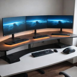 A modern and cozy gaming setup featuring a triple monitor setup, a high-end gaming PC with LED lights, mechanical gaming keyboard, and gaming mouse on an oversized desk.