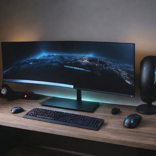 A modern and cozy gaming setup featuring a triple monitor setup, a high-end gaming PC with LED lights, mechanical gaming keyboard, and gaming mouse on an oversized desk.