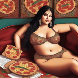 A digital art image showcasing a voluptuous woman, clad in a belly dancer outfit, lounging on a couch with a pizza box nearby