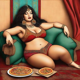 A digital art image showcasing a voluptuous woman, clad in a belly dancer outfit, lounging on a couch with a pizza box nearby