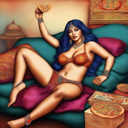 A digital art image showcasing a voluptuous woman, clad in a belly dancer outfit, lounging on a couch with a pizza box nearby