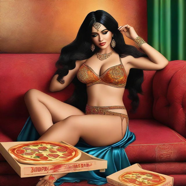 A digital art image showcasing a voluptuous woman, clad in a belly dancer outfit, lounging on a couch with a pizza box nearby