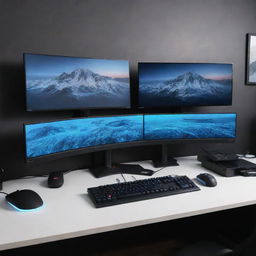 A modern and cozy gaming setup featuring a triple monitor setup, a high-end gaming PC with LED lights, mechanical gaming keyboard, and gaming mouse on an oversized desk.