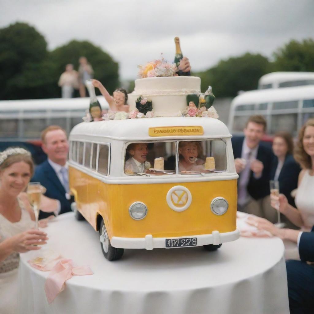 A sophisticated wedding cake displayed in a cheerful bus setting, with a couple joyously popping a champagne bottle, surrounded by other bus passengers raising their toasting glasses.