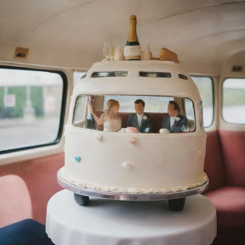 A sophisticated wedding cake displayed in a cheerful bus setting, with a couple joyously popping a champagne bottle, surrounded by other bus passengers raising their toasting glasses.