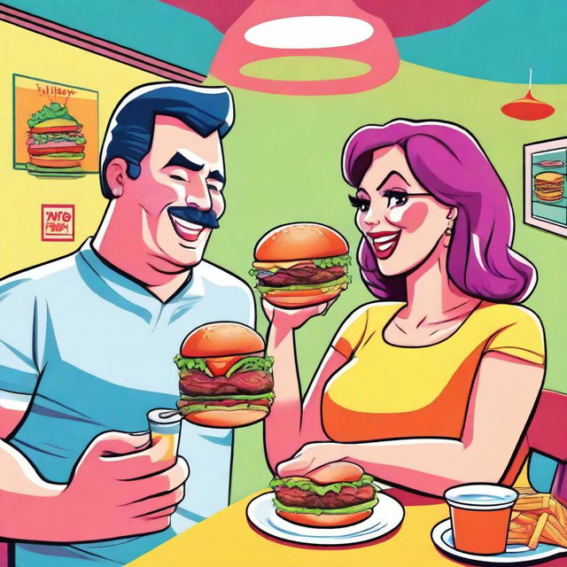 A high-quality digital art piece showcasing a man affectionately feeding his wife burgers