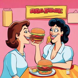 A high-quality digital art piece showcasing a man affectionately feeding his wife burgers