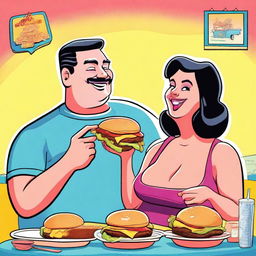 A high-quality digital art piece showcasing a man affectionately feeding his wife burgers