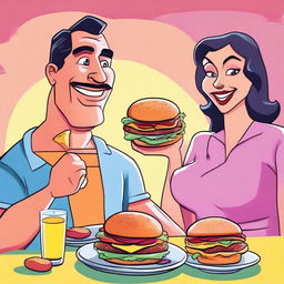 A high-quality digital art piece showcasing a man affectionately feeding his wife burgers