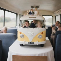 A sophisticated wedding cake displayed in a cheerful bus setting, with a couple joyously popping a champagne bottle, surrounded by other bus passengers raising their toasting glasses.