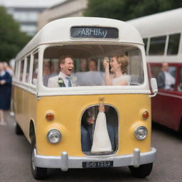 A sophisticated wedding cake displayed in a cheerful bus setting, with a couple joyously popping a champagne bottle, surrounded by other bus passengers raising their toasting glasses.